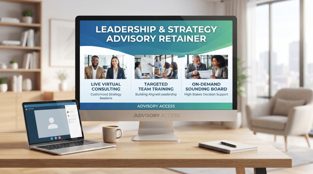 A photograph of a modern desk setup featuring a laptop and a large monitor. The monitor displays a graphic for the "Leadership & Strategy Advisory Retainer" program, which includes three service pillars: Live Virtual Consulting, Targeted Team Training, and On-Demand Sounding Board, each with small inset photos of diverse professionals. The background is a blurred, upscale home office.
