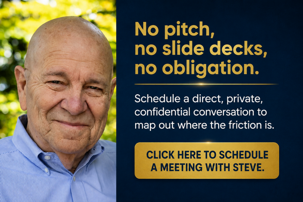 Professional portrait of Steve Kent beside an invitation for a private, confidential conversation with no pitch, slide decks, or obligation.