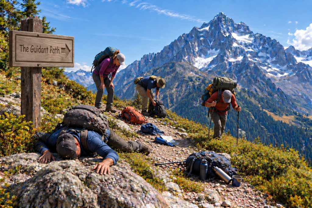 Exhausted hikers struggling with overloaded backpacks on The Guidant Path